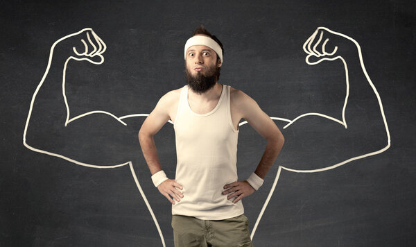 Young weak man with drawn muscles