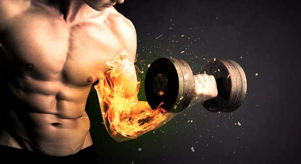 Bodybuilder athlete lifting weight with fire explode arm concept — Stock Photo, Image