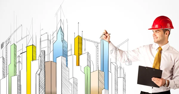 Persona de negocios dibujando una vista de la ciudad —  Fotos de Stock