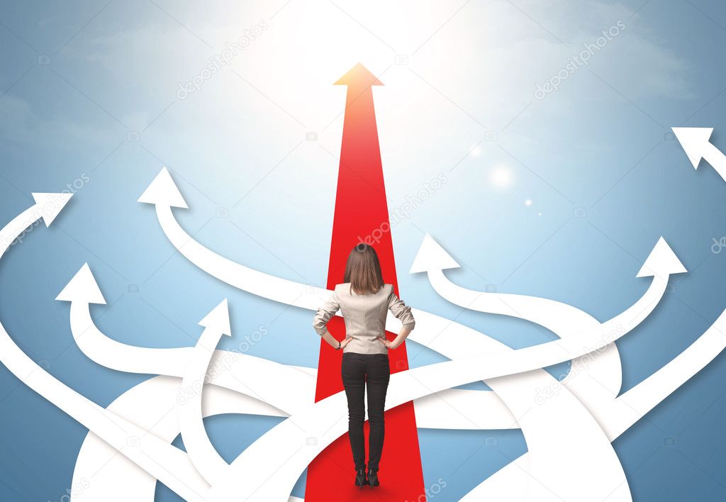 businesswoman with different direction arrows