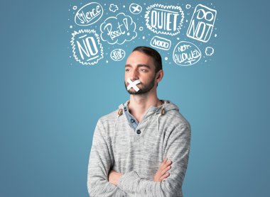 Young man with glued mouth and thought clouds clipart