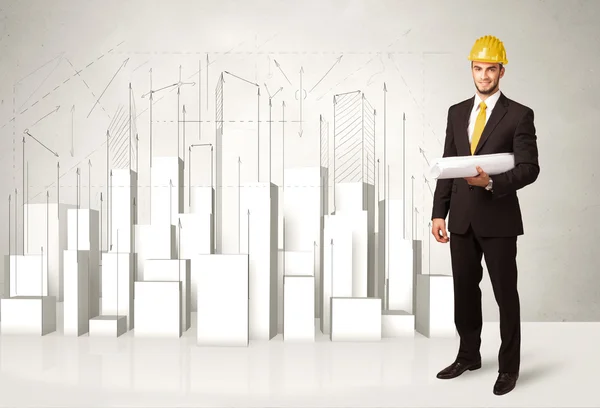 背景为3d栋大楼的建筑工人平面图 — 图库照片