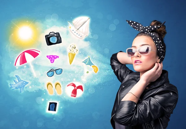Happy joyful woman with sunglasses looking at summer icons — Stock Photo, Image