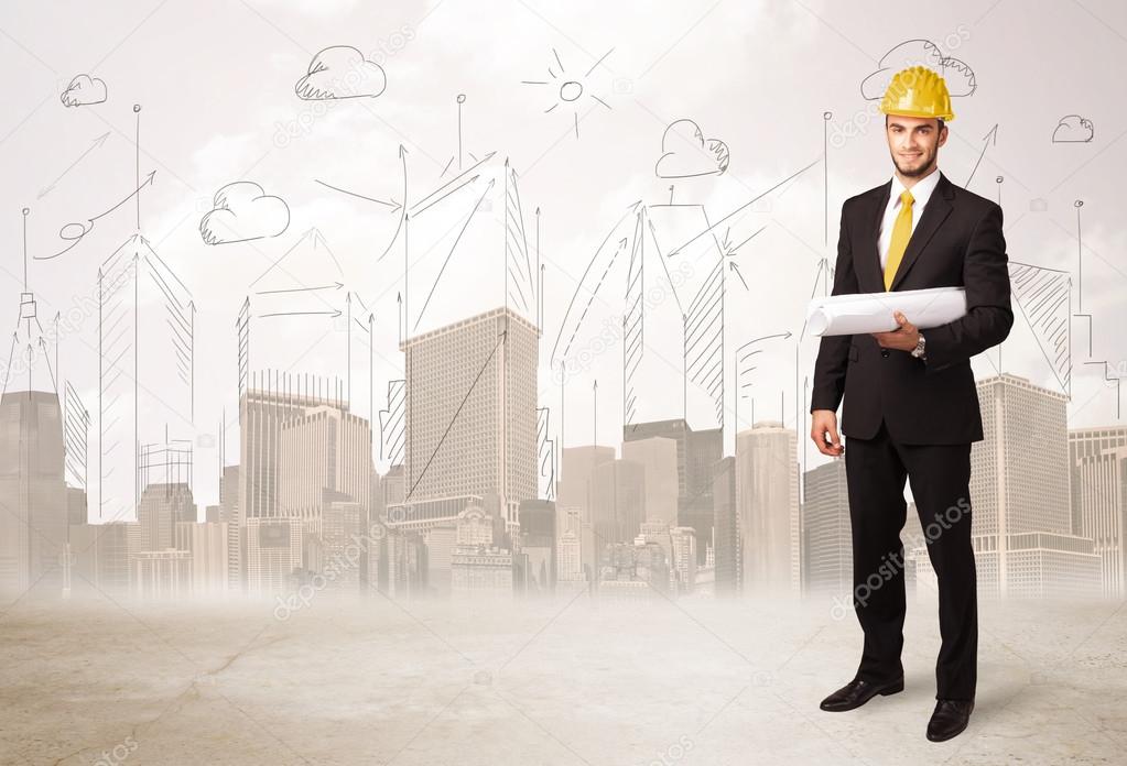 Business engineer planing at construction site with city backgro