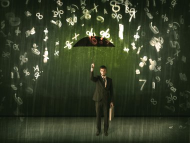 şemsiye ve 3d numaraları concep yağmur ile ayakta işadamı