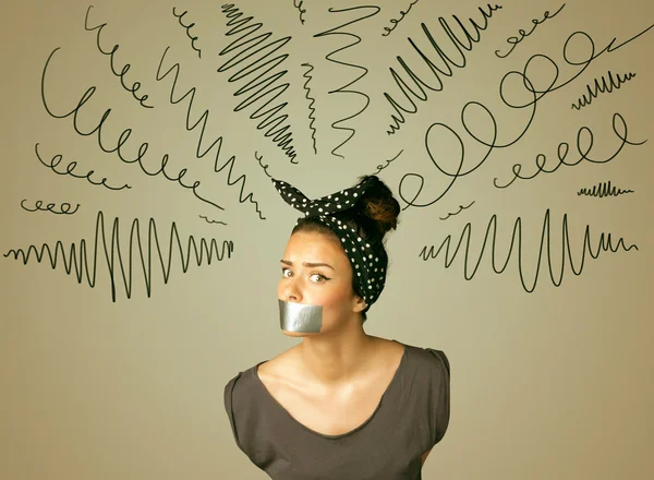 Ung kvinna med limmade mun och lockigt linjer — Stockfoto