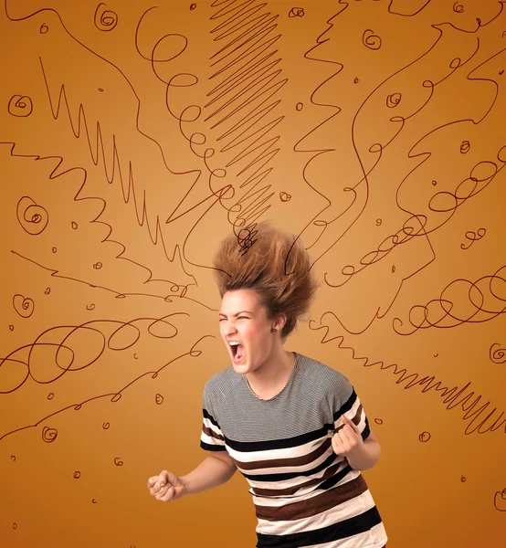 Aufgeregte junge Frau mit extremer Frisur und handgezeichneten Linien — Stockfoto