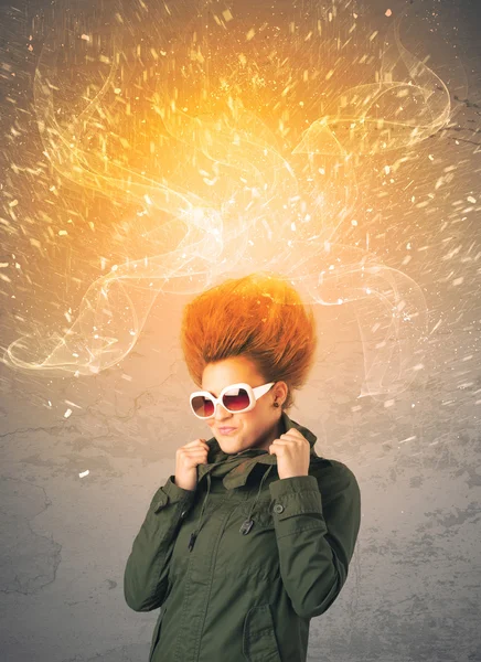 Young woman with energetic exploding red hair — Stock Photo, Image