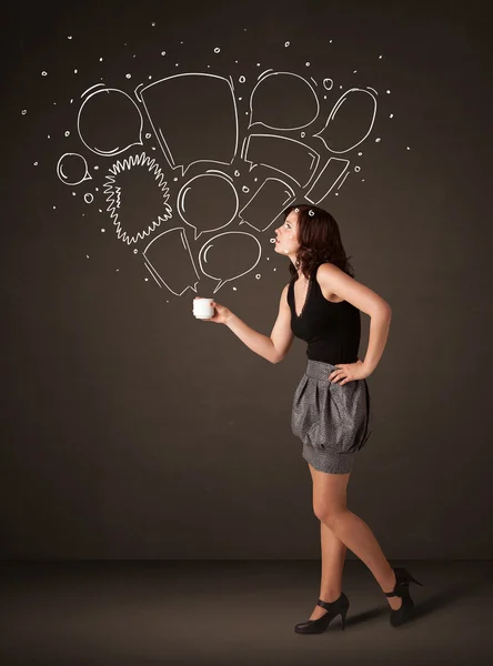 Businesswoman holding a white cup with speech bubbles — Stock Photo, Image