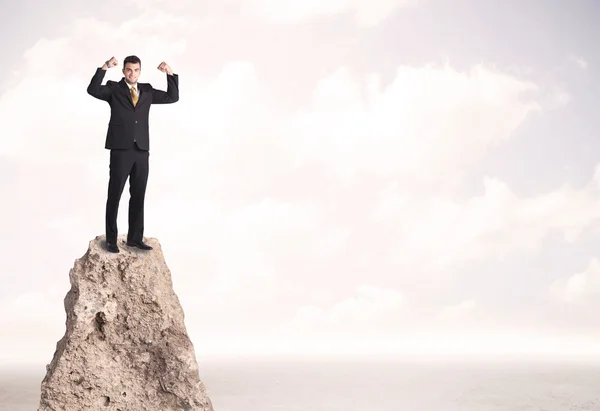 Happy businessman standing on cliff — Stock Photo, Image