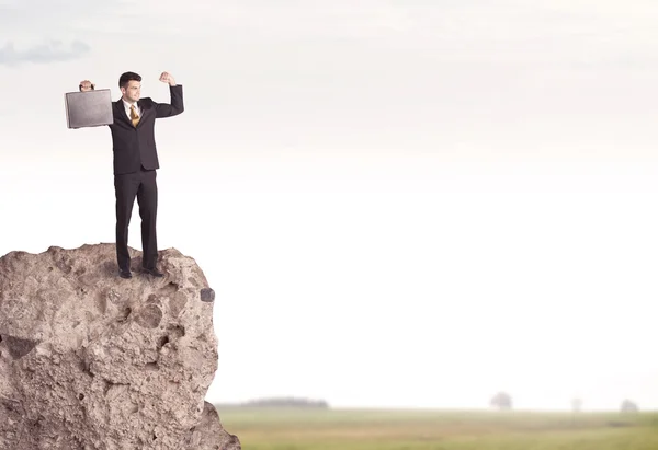 Happy salesman on cliff in the country — Stock Photo, Image