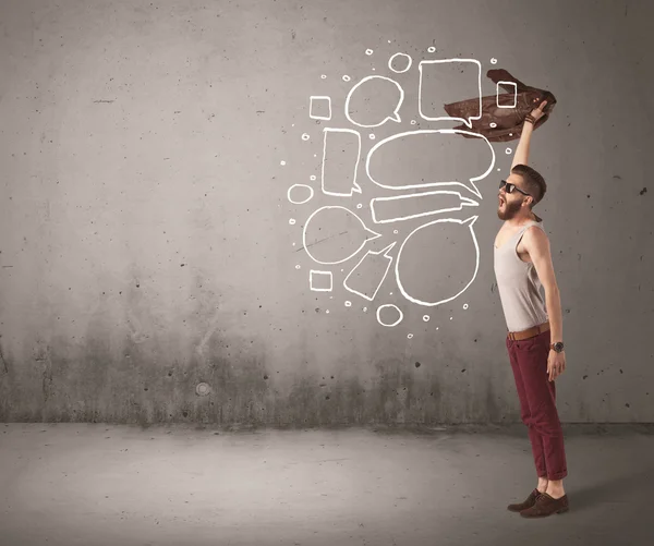 Shouting hipster with empty speech bubble — Stock Photo, Image