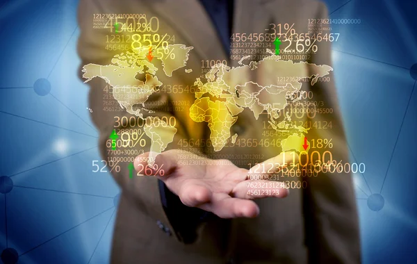 Business person holding earth statistics map — Stock Photo, Image