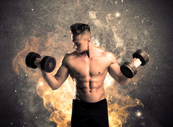 Healthy hot male showing muscles with fire — Stock Photo, Image