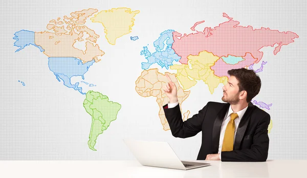 Business man with colorful world map background — Stock Photo, Image