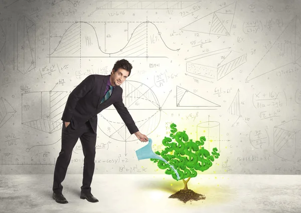 Business man watering a growing green dollar sign tree — Stock Photo, Image