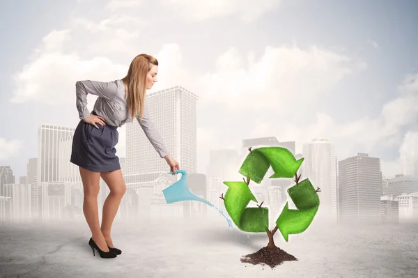 Geschäftsfrau wässert grünen Recycling-Schilderbaum auf Stadthintergrund — Stockfoto