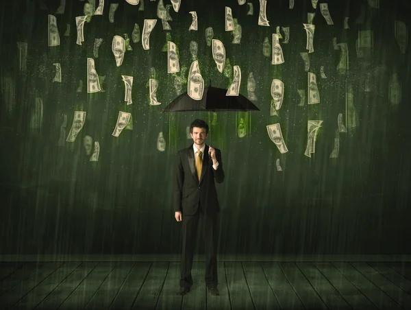 Businessman standing with umbrella in dollar bill rain concept — Stock Photo, Image