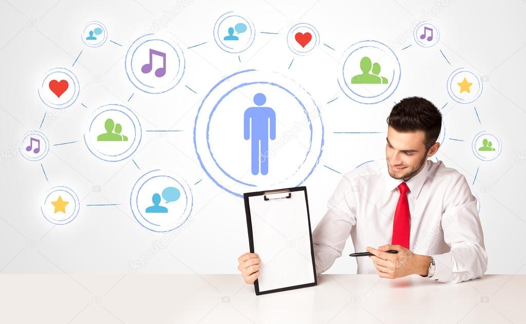 Business man with social media connection background
