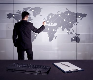 Dünya Haritası üzerinde nokta çizim iş kişi