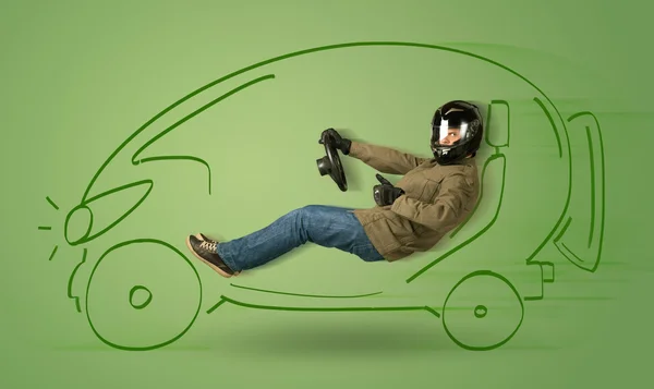 Homem dirige um eco friendy elétrico mão desenhada carro — Fotografia de Stock