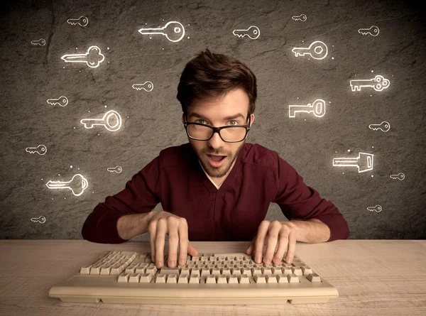 Hacker nerd guy with drawn password keys — Stock Photo, Image