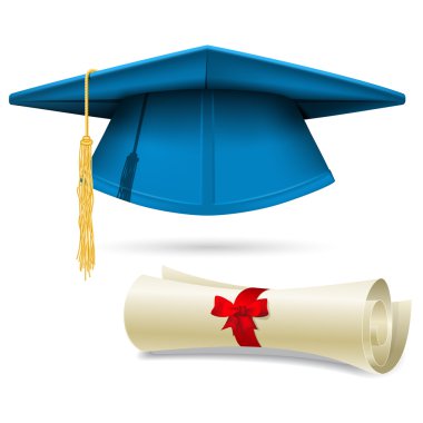 Cyan mortarboard and diploma - graduation cap clipart