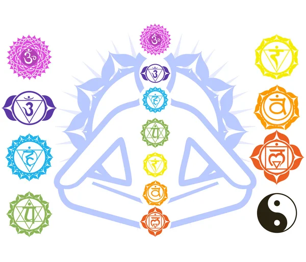 Chakras y símbolos de espiritualidad en el hombre en pose de loto — Vector de stock