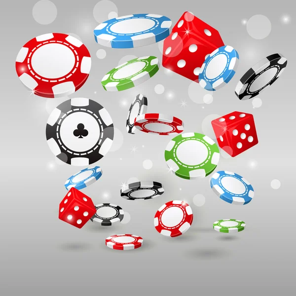 Jeux d'argent et symboles de casino - jetons de poker volants et dés — Image vectorielle