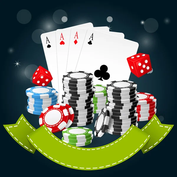 Азартні ігри та плакат казино покерні фішки, гральні карти та кістки — стоковий вектор