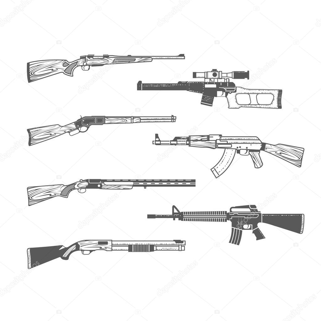 Set of firearms, shotgun, m16 rifle and hunt handgun, guns and weapons in graphic style, vector