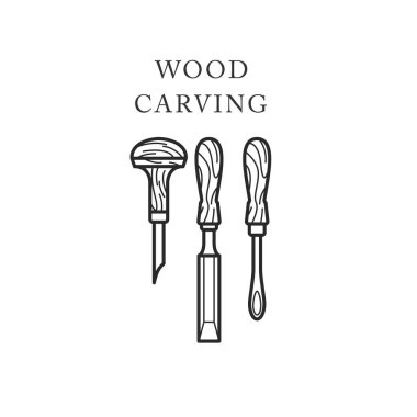 Wood carving tools icon, logo with chisels, timber engraving emblem, vector clipart