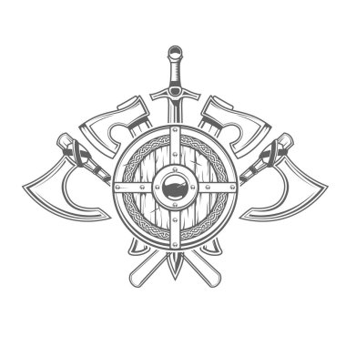 Yuvarlak Viking kalkanıyla amblem soğuk kollar, baltalar ve kılıçlar, ortaçağ zırhı, vektör