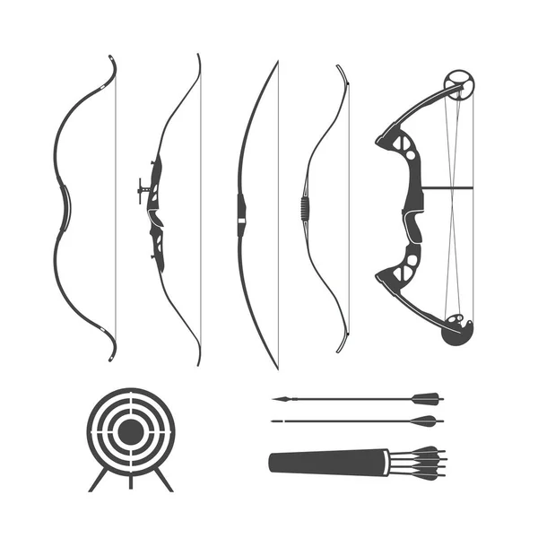 古代の木製の弓と現代のスポーツアーチェリー 白い背景に隔離された弓と矢のシルエット ベクトル — ストックベクタ
