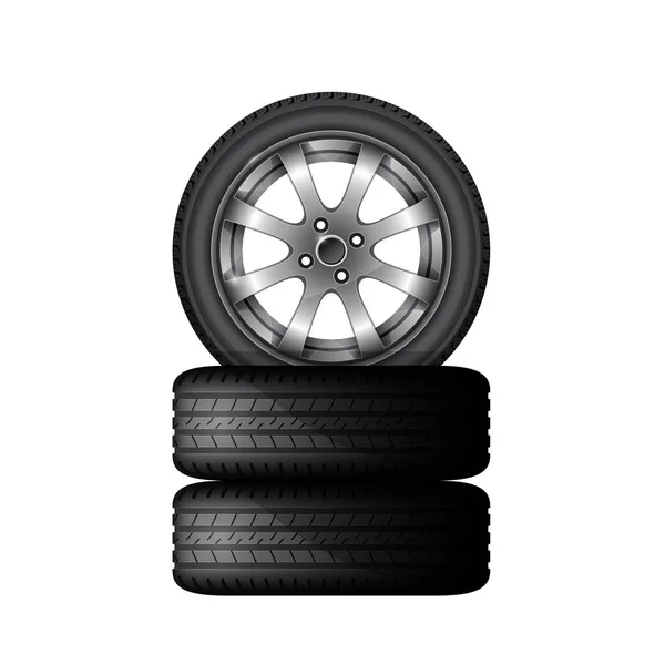 带合金轮圈的汽车轮胎堆 轮胎配套服务和销售招贴画 — 图库矢量图片