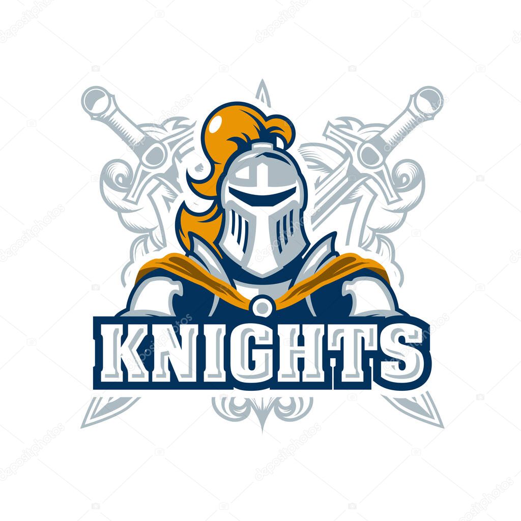 Emblem with knight in armour, chivalry logo with paladin and swords, template for a sport team, vector
