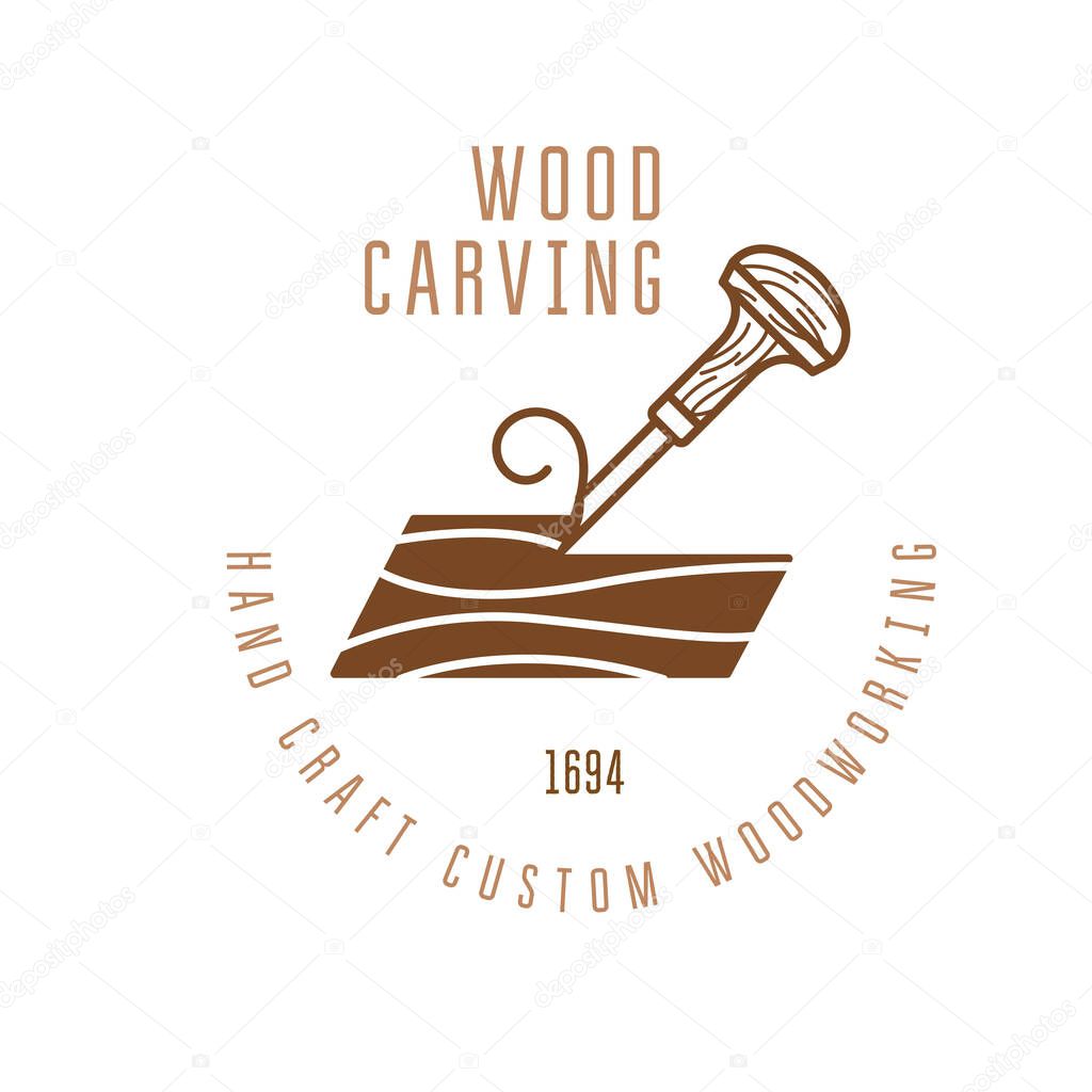 Wood carving logo with chisel cutting a wood bar, timber engraving emblem, vector