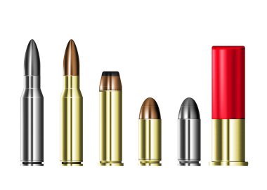 Cartridge cases with bullets, hunting and military ammunition,  set of ammo cartridges isolated on transparent background, vector
