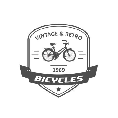 Bicycle store emblem or logo, retro bike badge with banner, vector