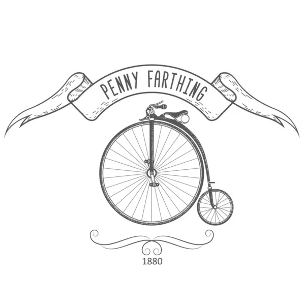 Penny Farthing Bicycle Vintage Emblem Retro Bike Large Front Wheel — ストックベクタ