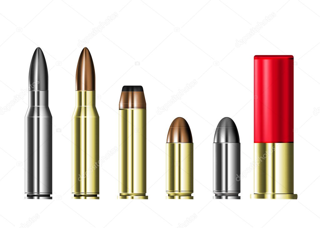 Cartridge cases with bullets, hunting and military ammunition,  set of ammo cartridges isolated on transparent background, vector
