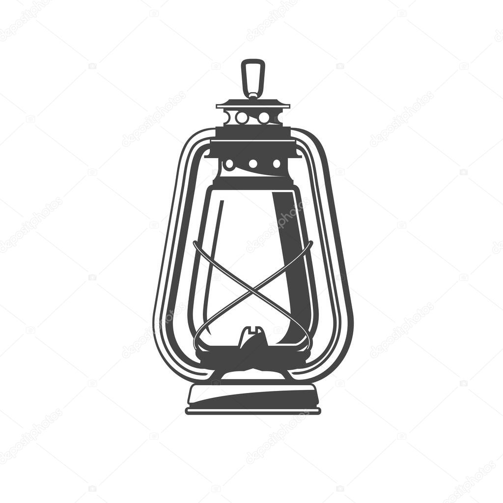 Old oil lamp, kerosene camping lantern silhouette, oil lamp icon, vector