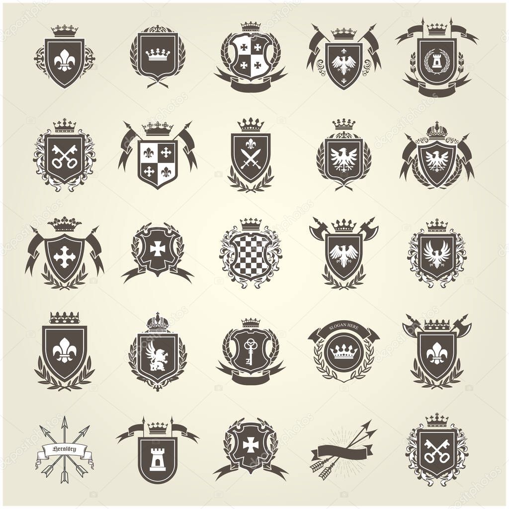 Medieval royal coat of arms, knight emblems, heraldic shield crest and blazons set, vector