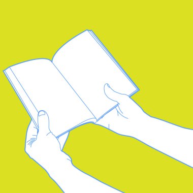 Eller açık defter ya da dergi tutuyor