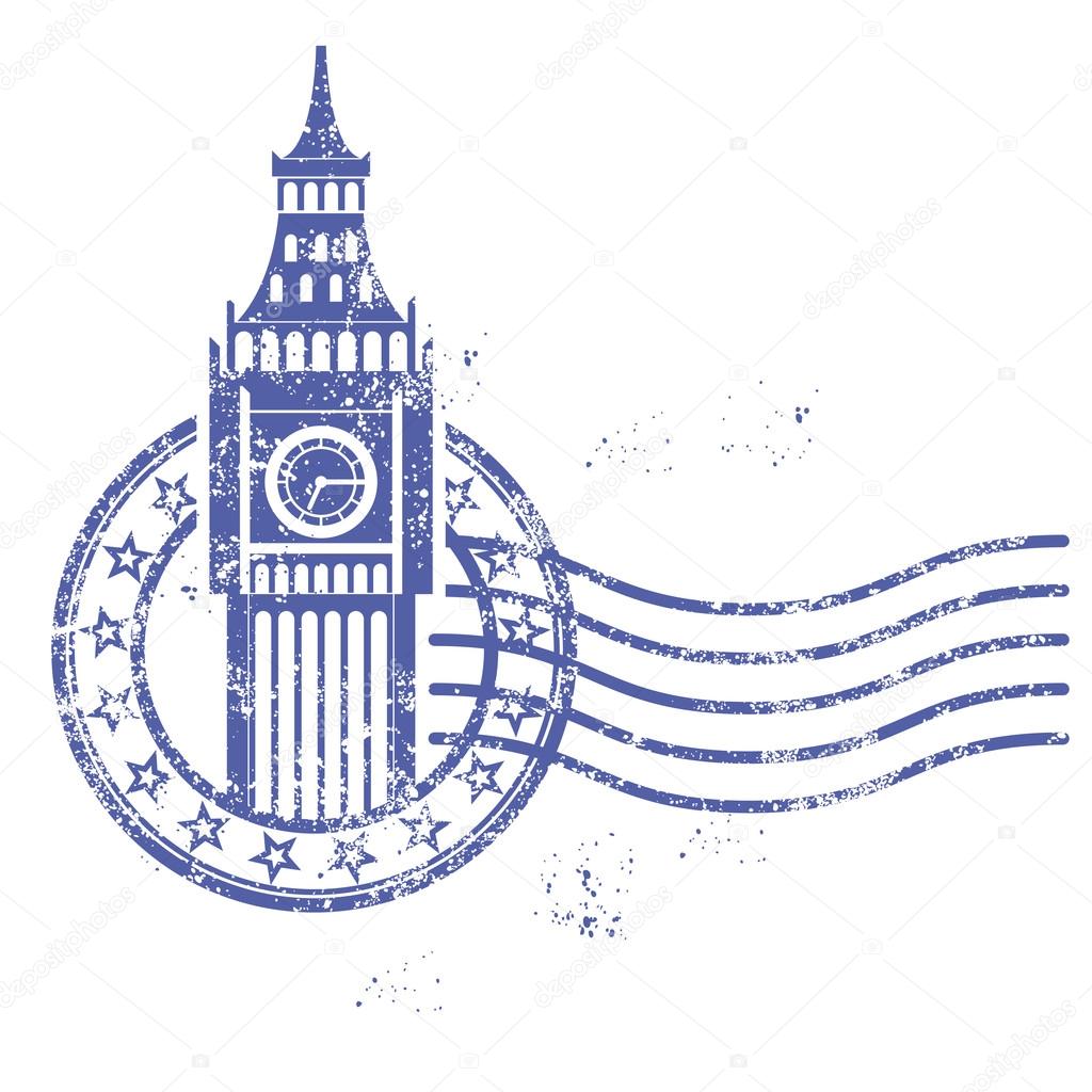 Grunge round stamp with Big Ben - landmark of London