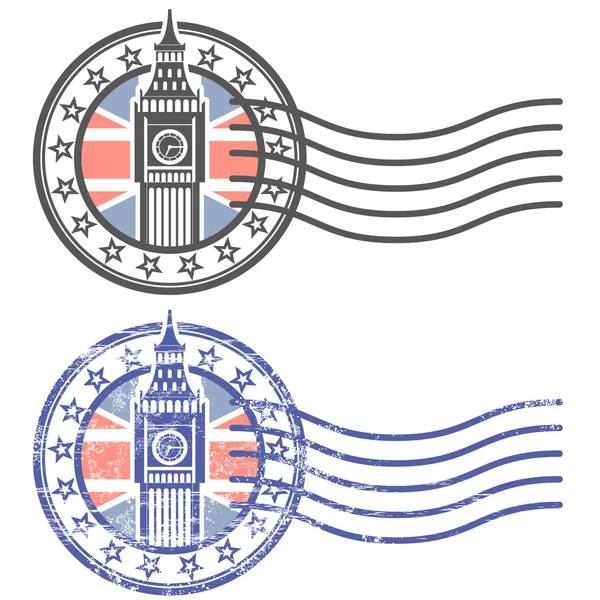 Grunge stempel met de Big Ben en de Britse vlag - landmark van Londen — Stockvector