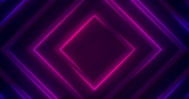 3D Pembe dinamik neon elmas çerçeve. Floresan fütüristik yüksek teknolojili hareket arkaplanı. Kusursuz döngü mor LED kare animasyonu. Yanıp sönen ultraviyole ışık. Disko 80 'in eski stili