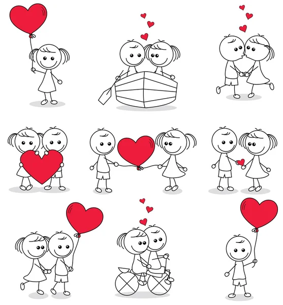 Colección conjunto de lindo pareja doodle con corazones — Vector de stock