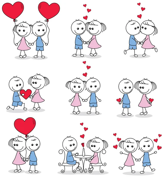 Colección conjunto de lindo pareja doodle con corazones — Vector de stock