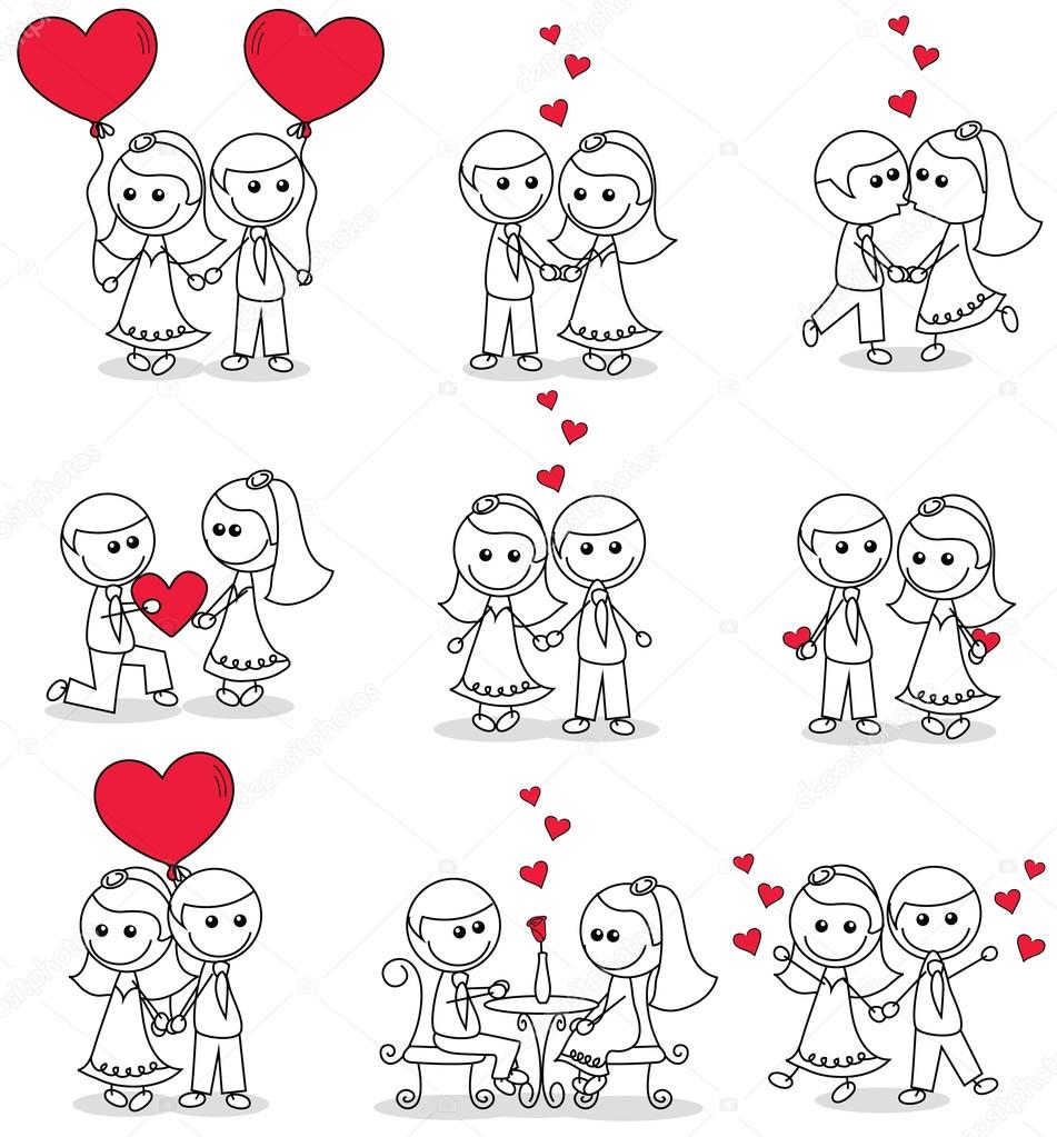 collection set of cute couple doodle with hearts